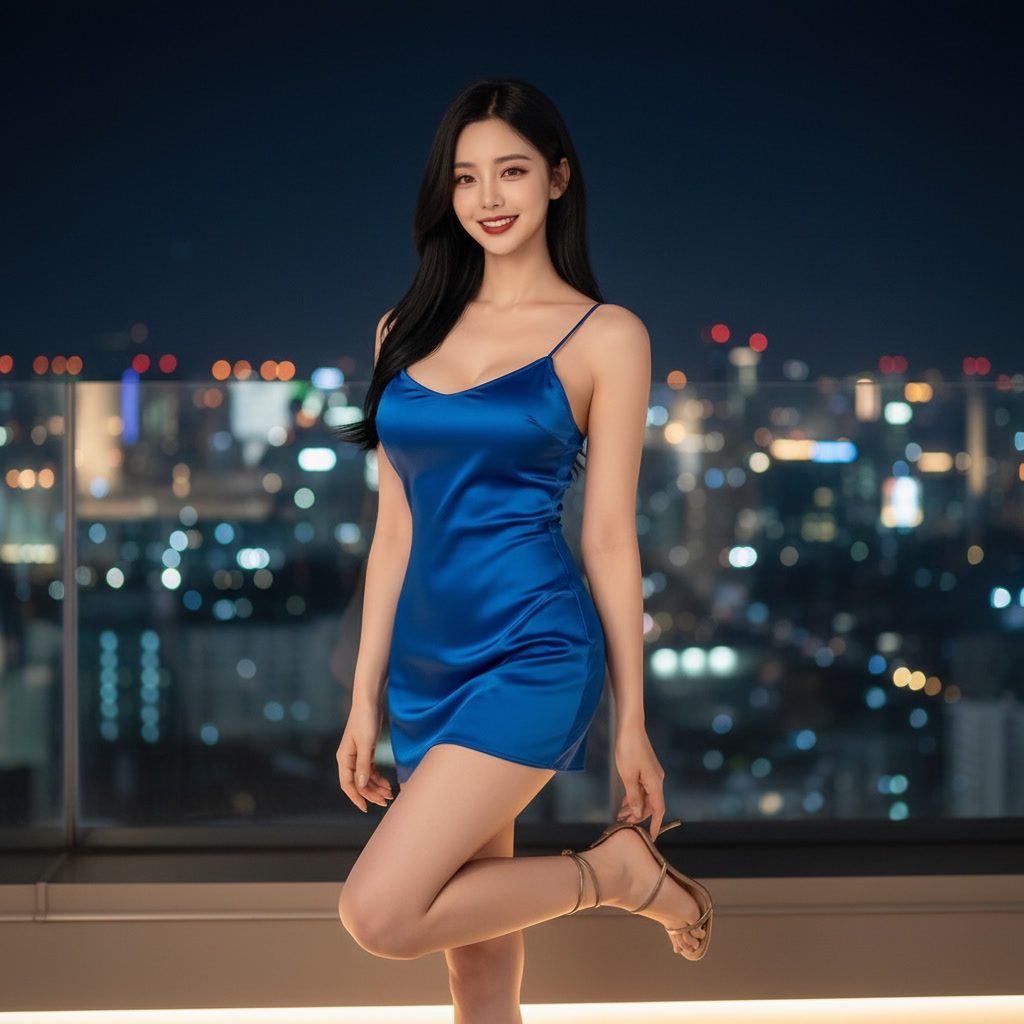 Linine blue silk rooftop posed