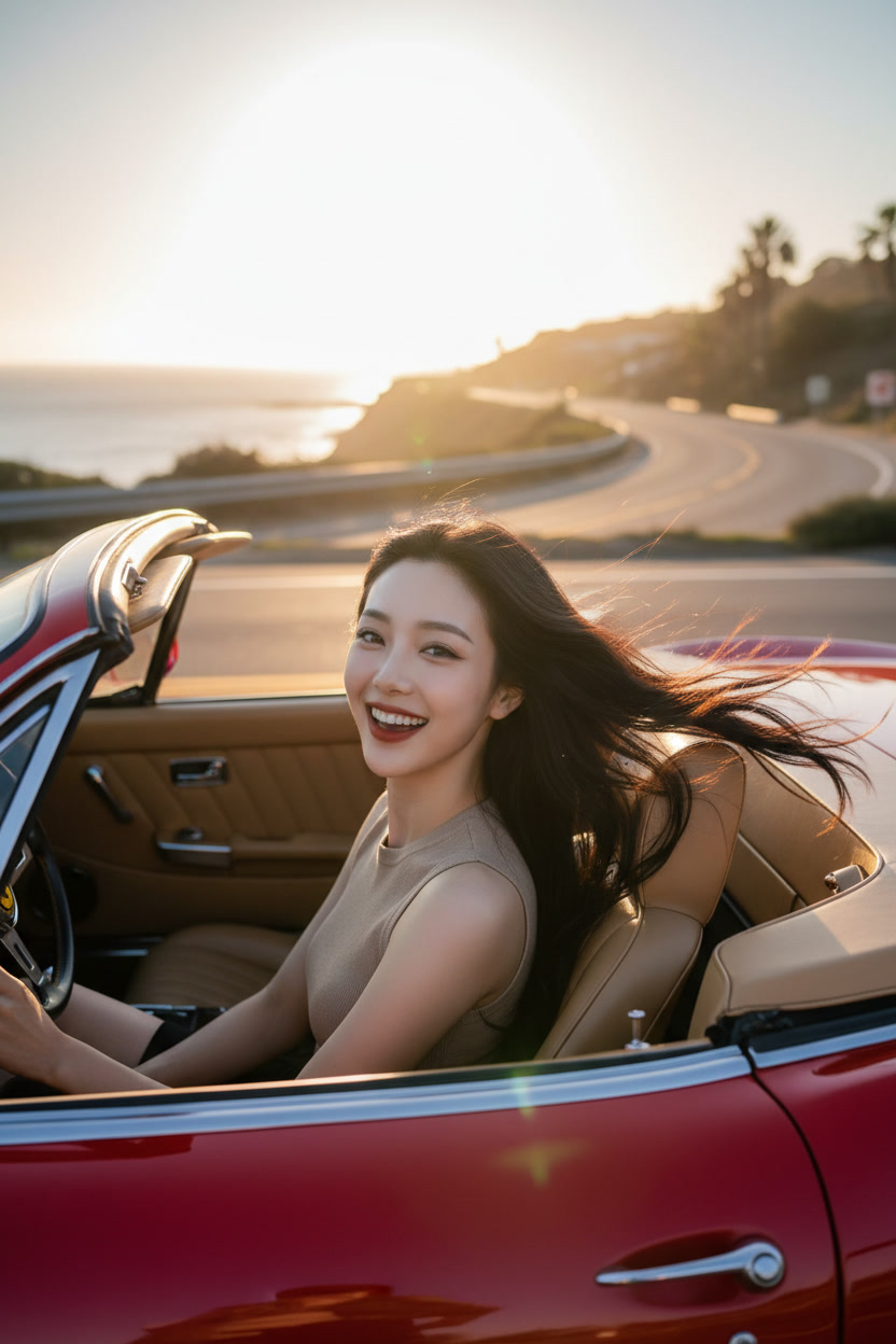 Linine red convertible coastal road sunset